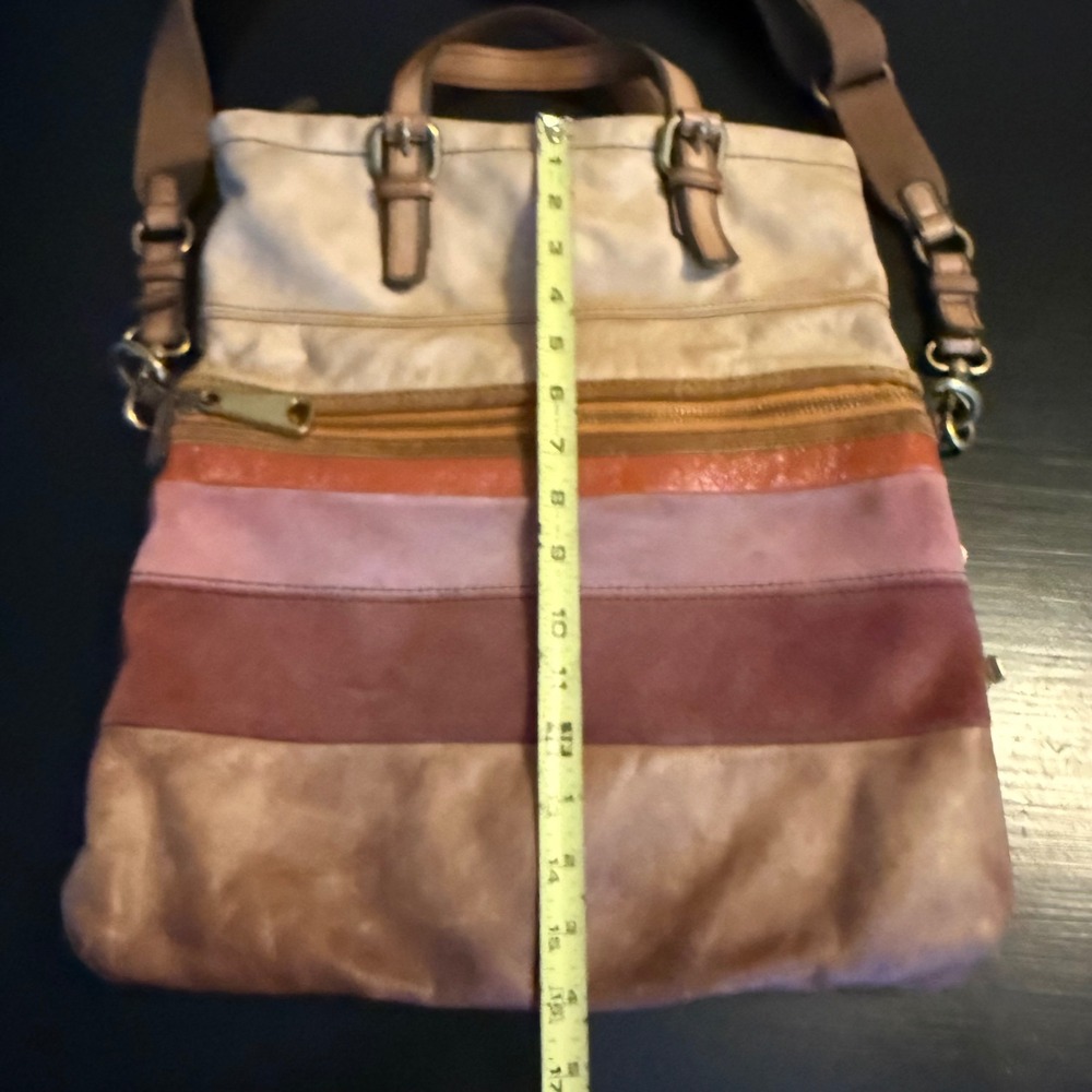 Fossil Multicolor Striped Leather Suede Foldover Crossbody Tote Bag Brown Mauve - Picture 5 of 12